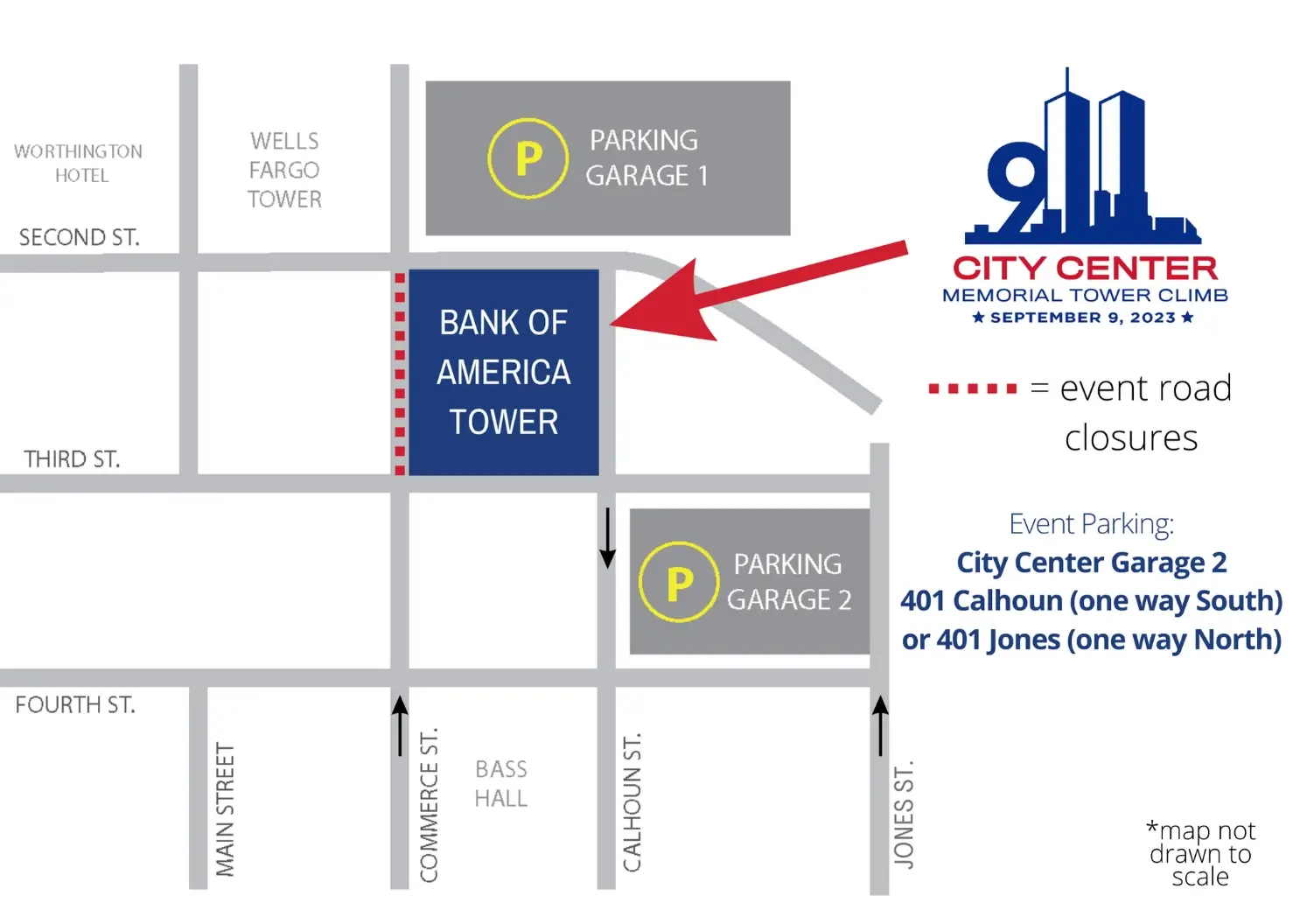 map of city center memorial tower climb, september 9, 2023 parking